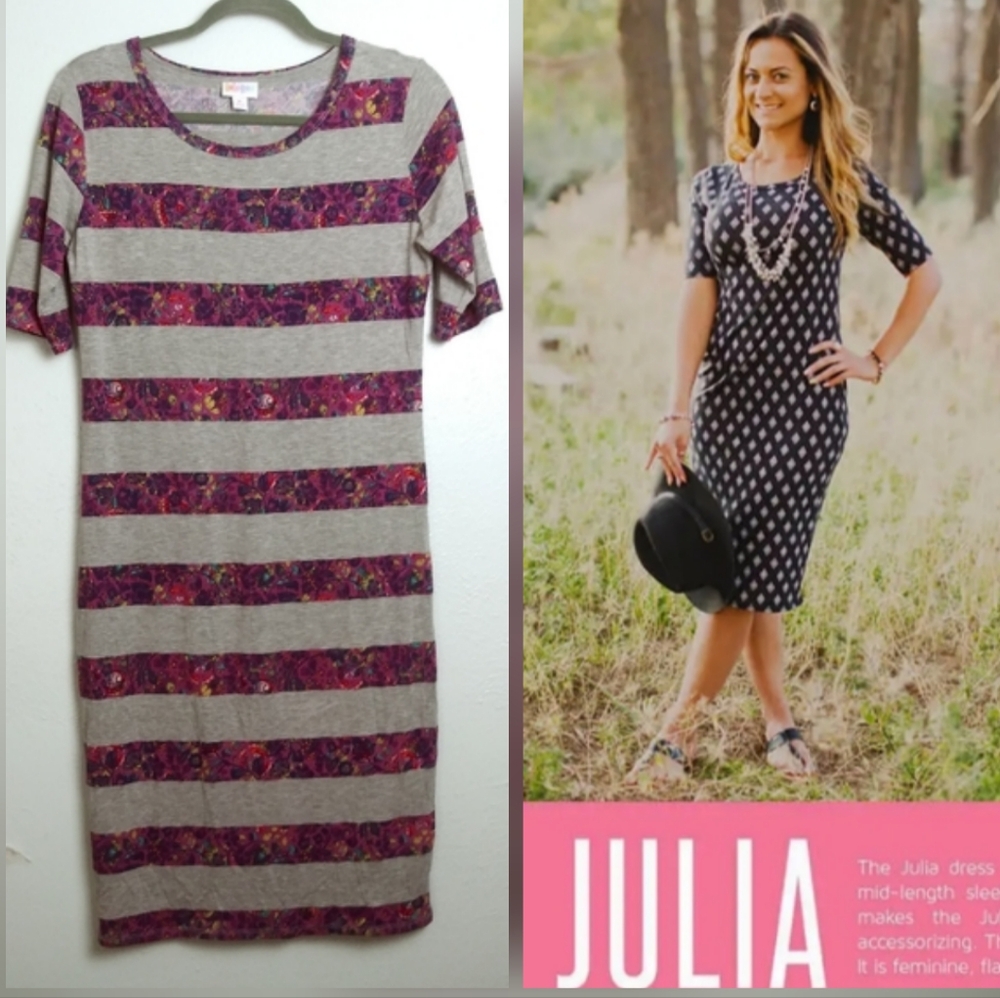 Lularoe Julia Bodycon Dress Women's Size M 8-10 Gray Striped Form Fit